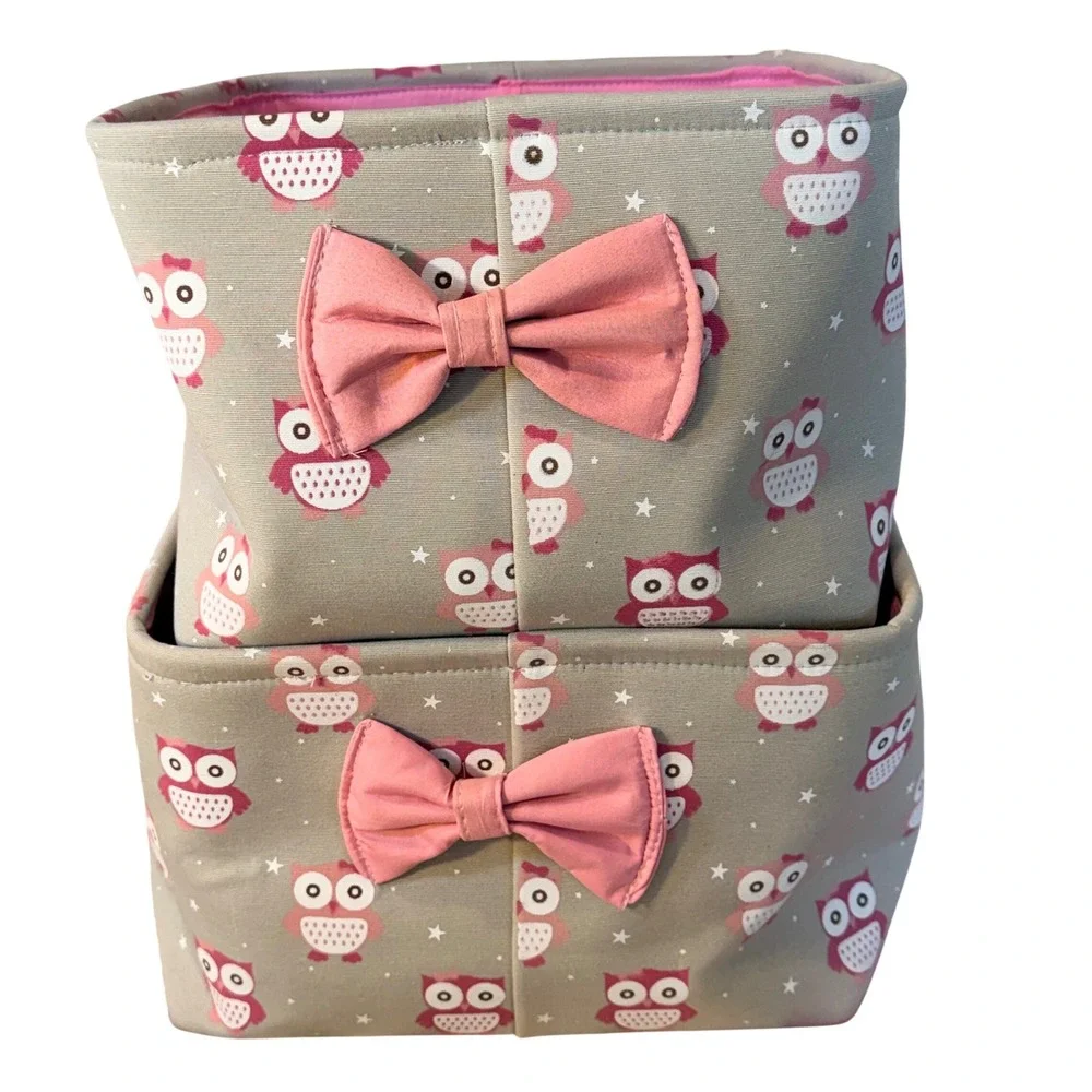 Storage Bins Set of 2 Gray Pink Owl Fabric Nursery Toy Organizers Bow Detail